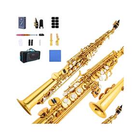 Aisiweier 769282194615 Soprano Saxophone Sax Bb Brass Lacquered Gold Body And Keys Woodwind Instrume