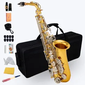 Aisiweier 769282194653 Gold/silver Keys E Flat Alto Saxophone Brass Engraved Eb E-flat Natural White