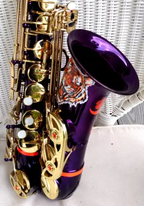 1206102 Hawk Inch Tigerriffic Purple/gold/& Orange Alto Sax With Case And Yamaha 4c Mpc.- Great