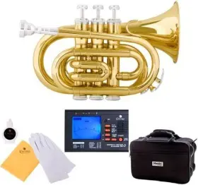 Mendini Mpt-l 92d Mpt Brass Bb Pocket Trumpet With Tuner Case Mouthpiece And More - Gold