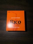 (9 Remaining!) Pack Rico Alto Saxophone Reeds # 1.5 Strength 1/2 RJA1015 Open. Price: $14.99.