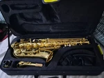 Juuxaan Alto Saxophone Brass Gold Lacquered W/ Case, Mouthpiece, Neck, And Strap Open. Price: $225.00.